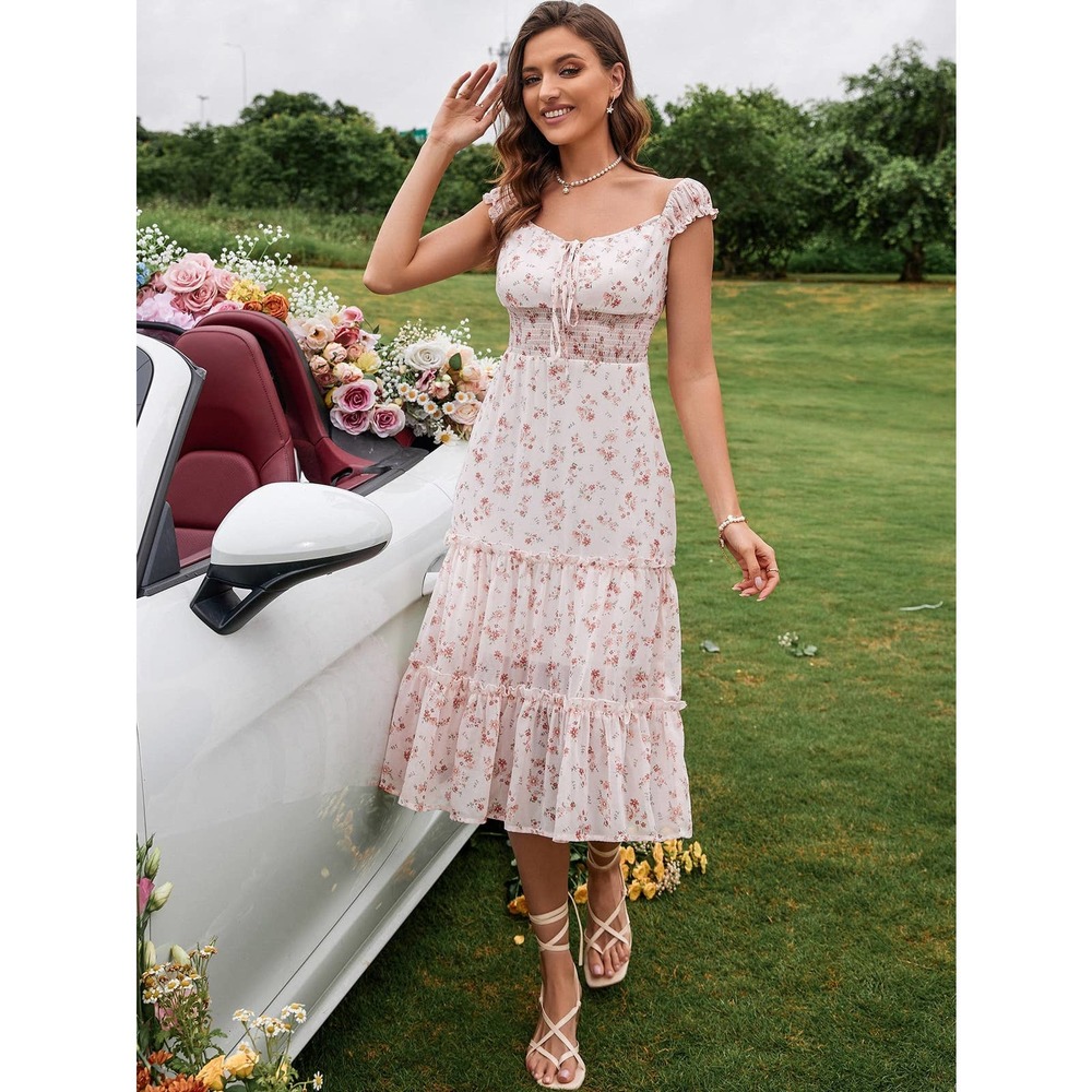Cottagecore Floral Print Shirred Waist Knot Front Ruffle Hem Dress pink - Picture 3 of 5